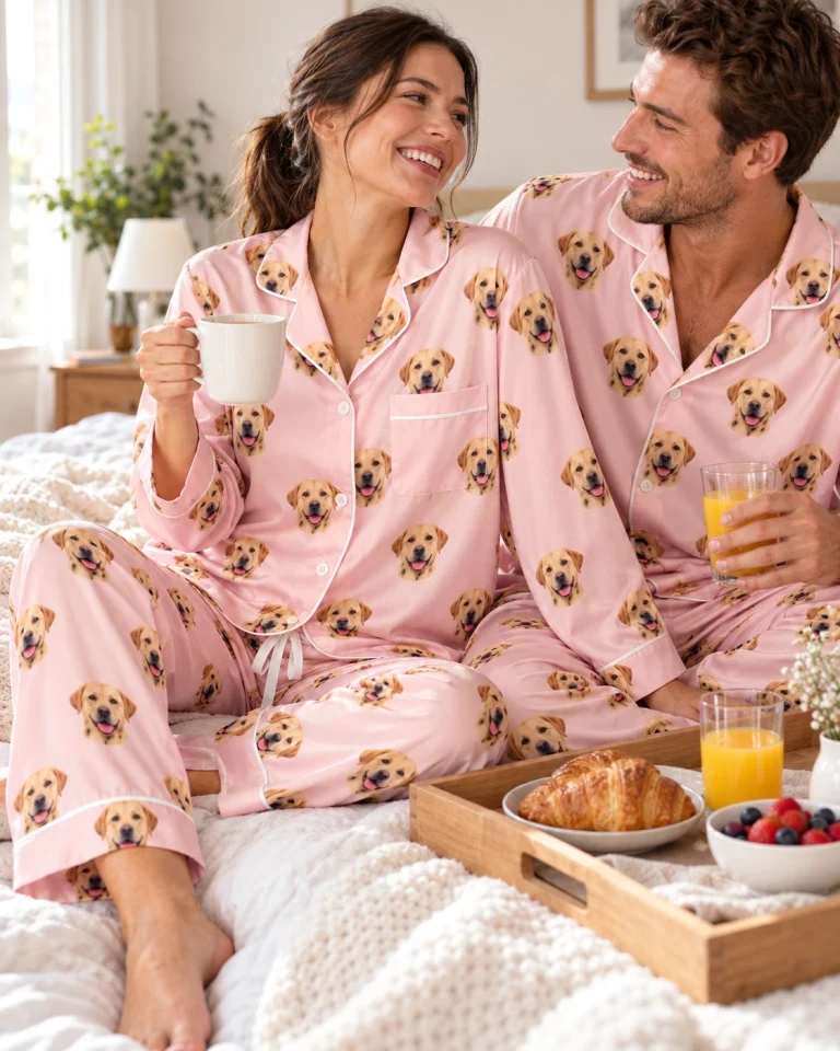 Woman and her partner in matching labrador pajamas for women with yellow Labrador Retriever faces — MyDogPics