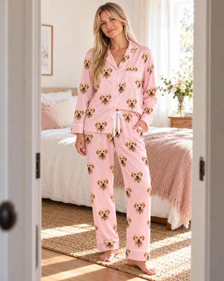 Woman wearing a labrador pajamas for women covered in yellow Labrador Retriever faces on blush pink satin — MyDogPics