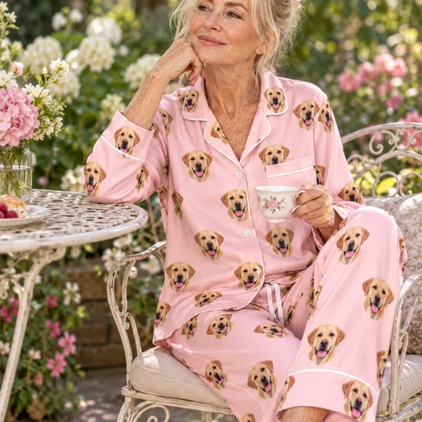 Woman sitting in a labrador pajamas for women covered in yellow Labrador Retriever faces — MyDogPics