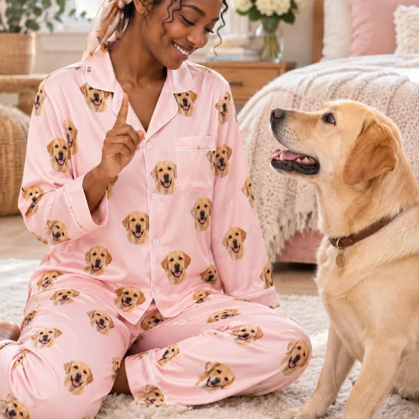 Woman in a labrador pajamas for women with her Labrador Retriever — MyDogPics