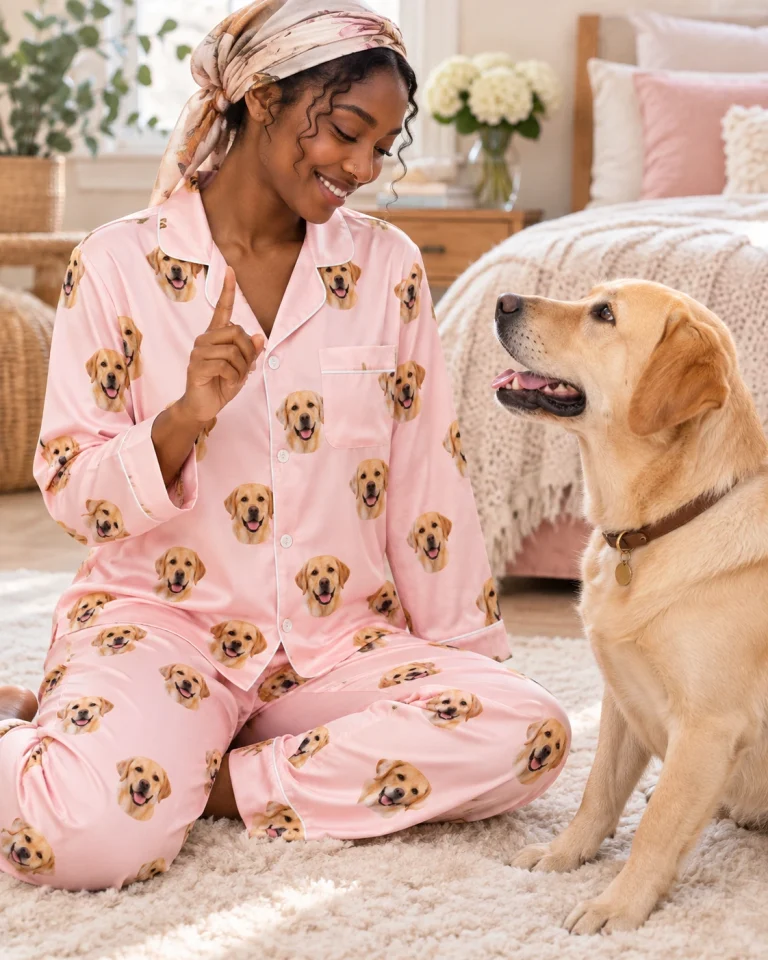 Woman in a labrador pajamas for women with her Labrador Retriever — MyDogPics
