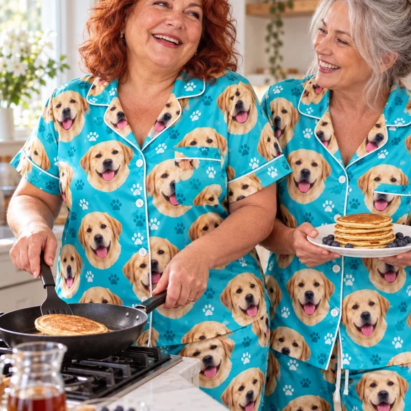 Woman and a friend in matching labrador print pajamas with yellow Labrador Retriever faces — MyDogPics