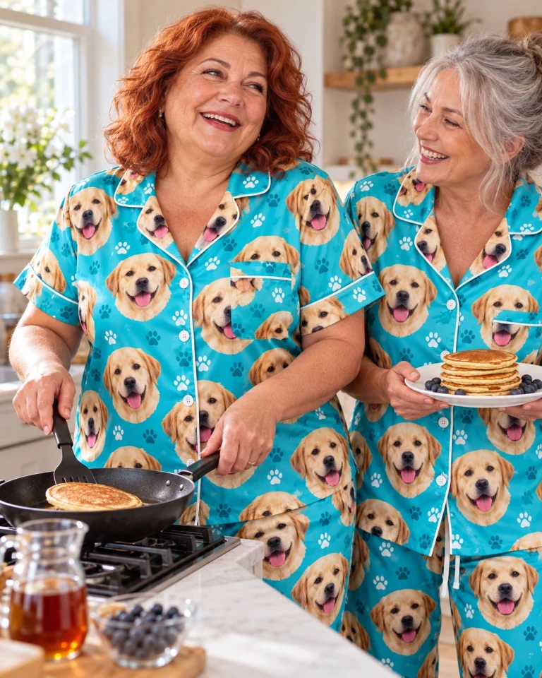 Woman and a friend in matching labrador print pajamas with yellow Labrador Retriever faces — MyDogPics