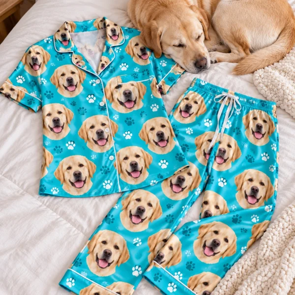 Flat lay of labrador print pajamas: shirt and pants covered in yellow Labrador Retriever faces — MyDogPics