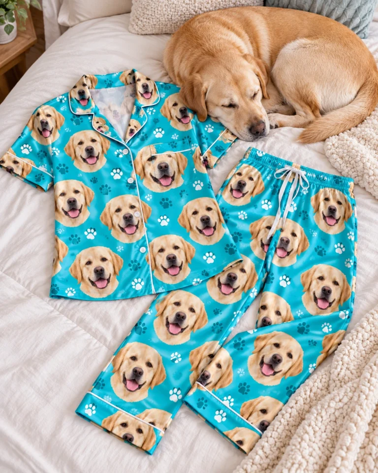 Flat lay of labrador print pajamas: shirt and pants covered in yellow Labrador Retriever faces — MyDogPics