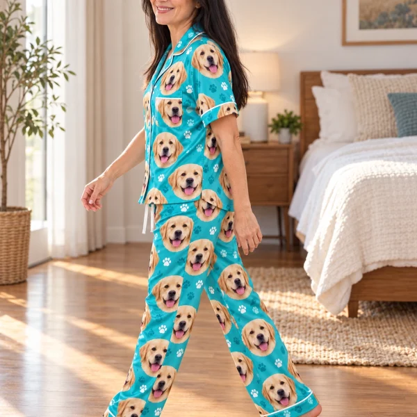 Side view of labrador print pajamas with yellow Labrador Retriever faces on teal paw-print satin — MyDogPics
