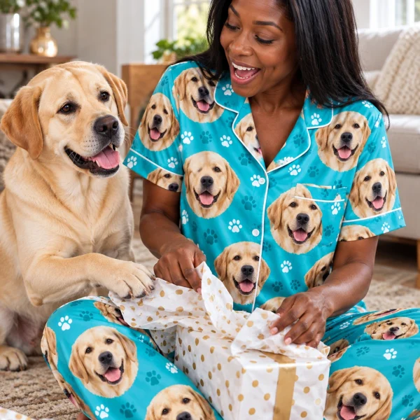 Woman in labrador print pajamas with her Labrador Retriever — MyDogPics