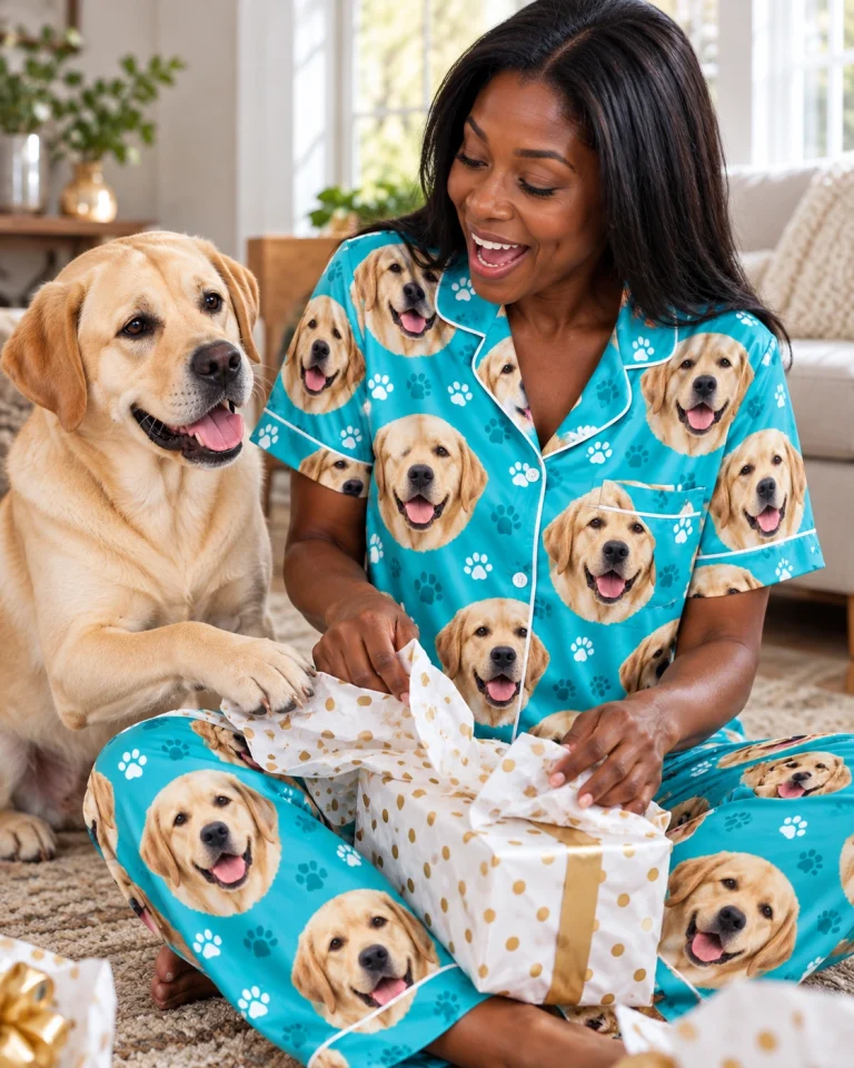 Woman in labrador print pajamas with her Labrador Retriever — MyDogPics