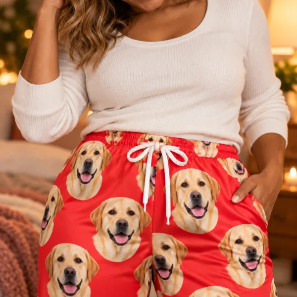 Close-up of the labrador Valentine pajamas print: yellow Labrador Retriever faces on red satin — MyDogPics