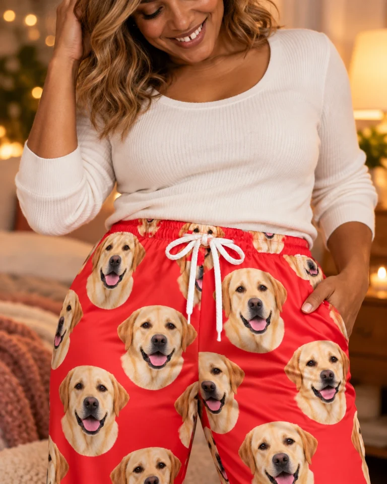 Close-up of the labrador Valentine pajamas print: yellow Labrador Retriever faces on red satin — MyDogPics