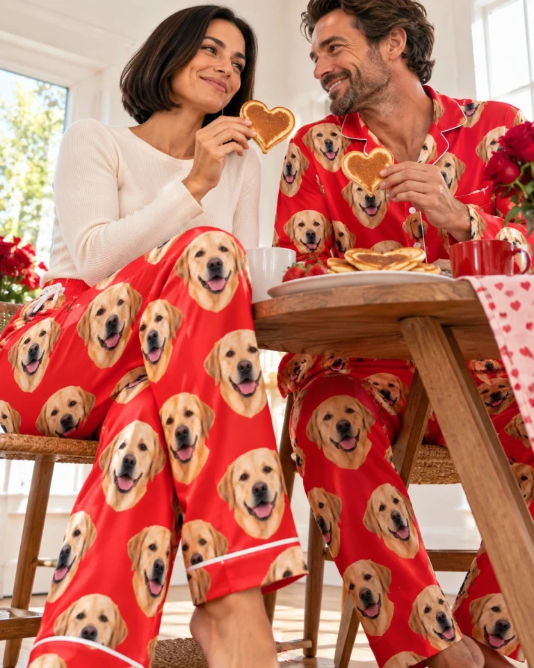 Woman and her partner in matching labrador Valentine pajamas with yellow Labrador Retriever faces on red satin — MyDogPics
