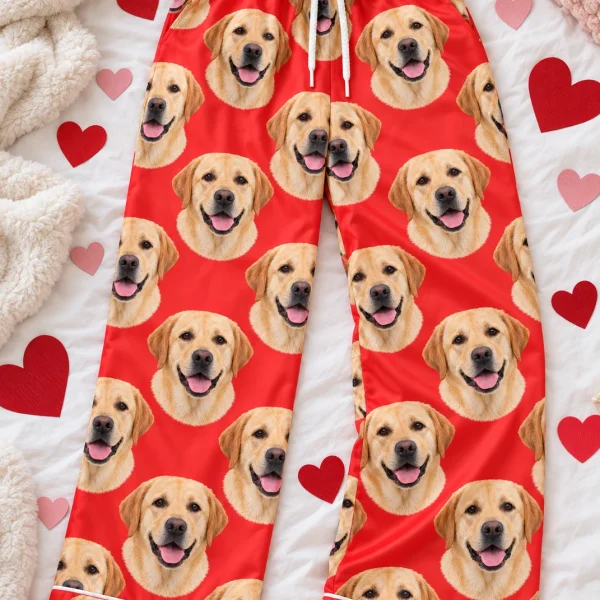 Flat lay of labrador Valentine pajamas: pants covered in yellow Labrador Retriever faces — MyDogPics