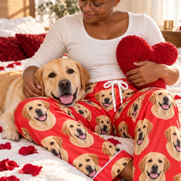 Woman in labrador Valentine pajamas with her Labrador Retriever — MyDogPics