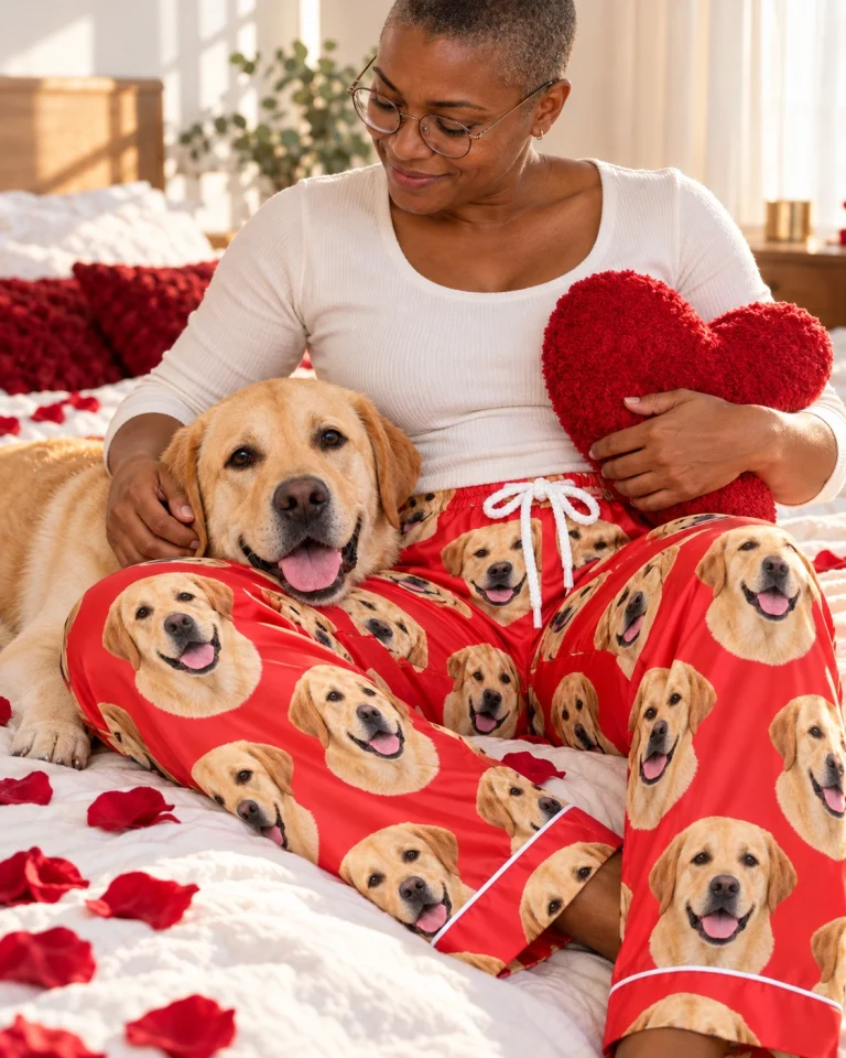 Woman in labrador Valentine pajamas with her Labrador Retriever — MyDogPics