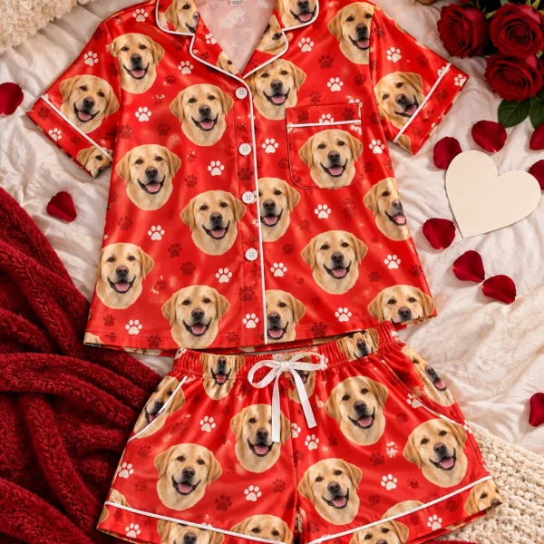Flat lay of a labrador Valentines day pajama set: shirt and shorts covered in yellow Labrador Retriever faces — MyDogPics