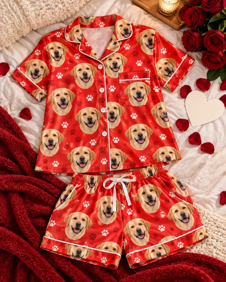 Flat lay of a labrador Valentines day pajama set: shirt and shorts covered in yellow Labrador Retriever faces — MyDogPics