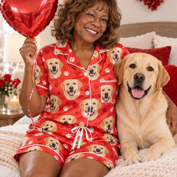 Woman in a labrador Valentines day pajama set with her Labrador Retriever — MyDogPics
