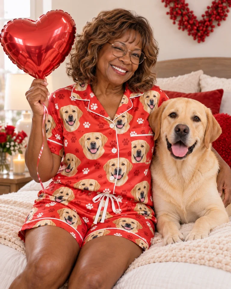Woman in a labrador Valentines day pajama set with her Labrador Retriever — MyDogPics