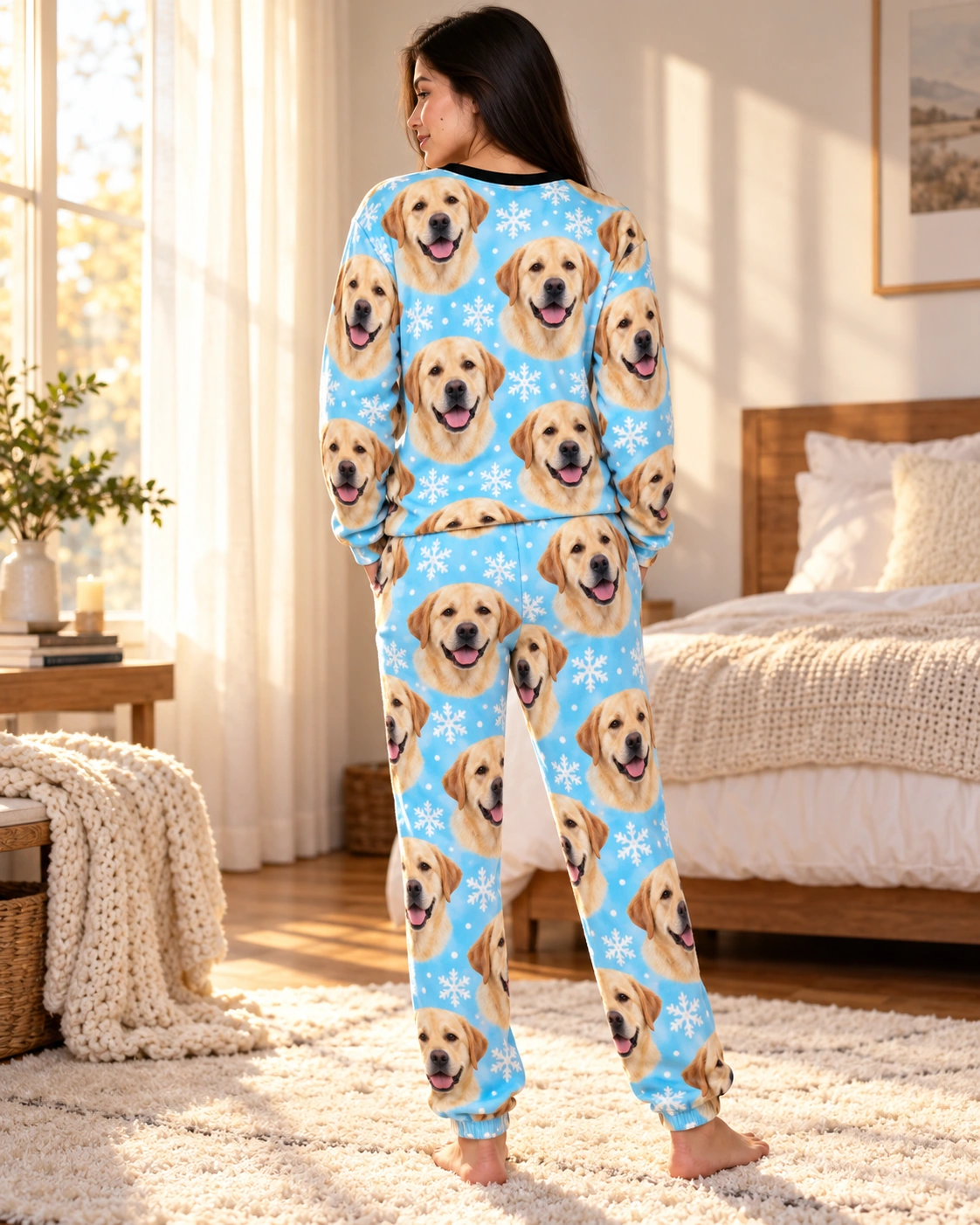 Labrador Winter Pajamas – Back View, Light Blue Snowflake | MyDogPics Back view of labrador winter pajamas: the print continues all the way round — MyDogPics