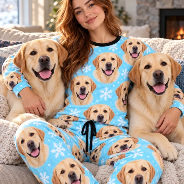 Woman in labrador winter pajamas cuddling her Labrador Retriever — MyDogPics