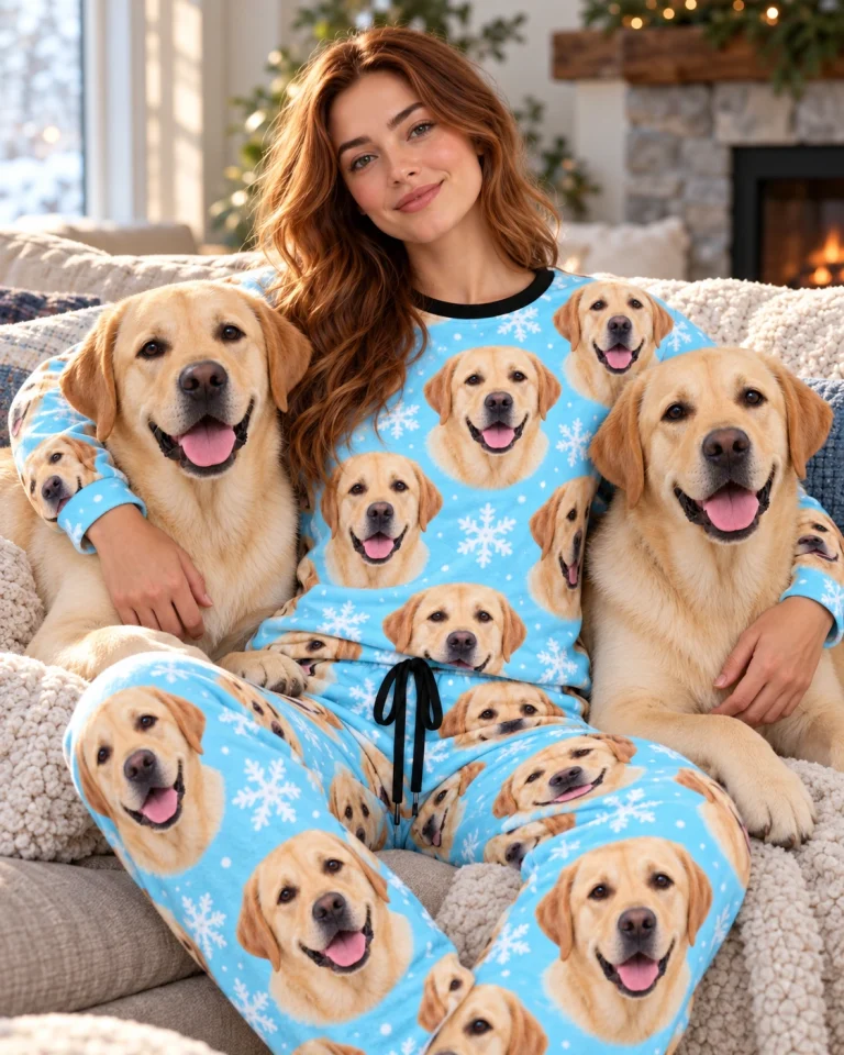 Woman in labrador winter pajamas cuddling her Labrador Retriever — MyDogPics