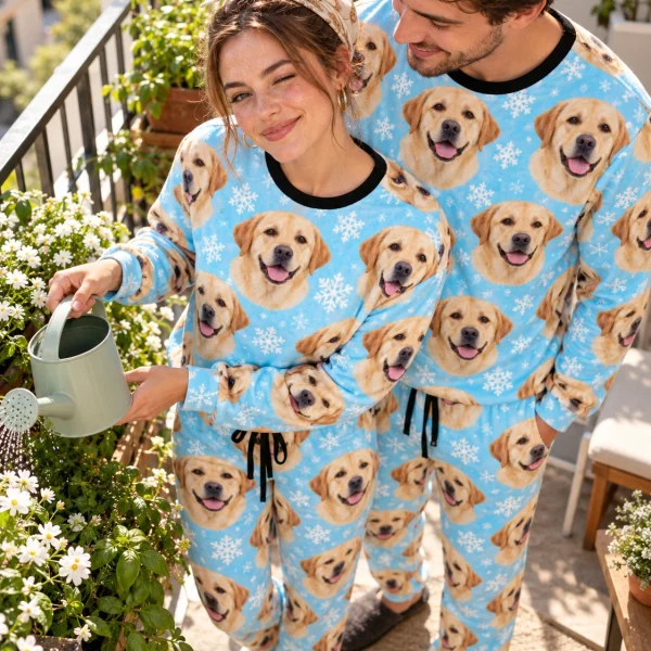 Woman and her partner in matching labrador winter pajamas with yellow Labrador Retriever faces — MyDogPics