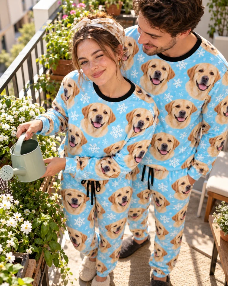 Woman and her partner in matching labrador winter pajamas with yellow Labrador Retriever faces — MyDogPics