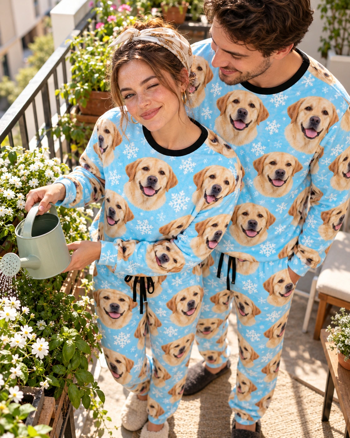 Labrador Winter Pajamas – Family, Light Blue Snowflake | MyDogPics Woman and her partner in matching labrador winter pajamas with yellow Labrador Retriever faces — MyDogPics