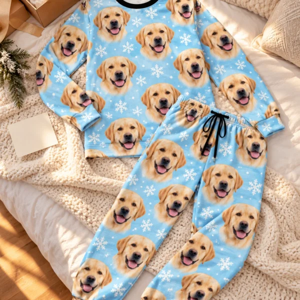 Flat lay of labrador winter pajamas: top and pants covered in yellow Labrador Retriever faces — MyDogPics