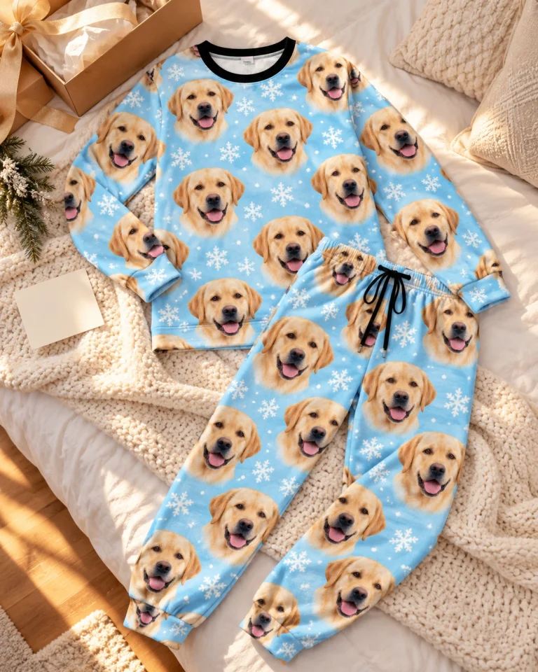 Flat lay of labrador winter pajamas: top and pants covered in yellow Labrador Retriever faces — MyDogPics