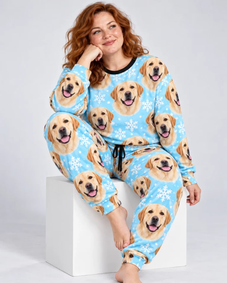 Woman sitting in labrador winter pajamas covered in yellow Labrador Retriever faces — MyDogPics