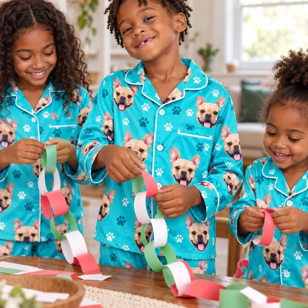 Kids in matching little boy pajamas with fawn French bulldog faces on teal paw-print satin — MyDogPics