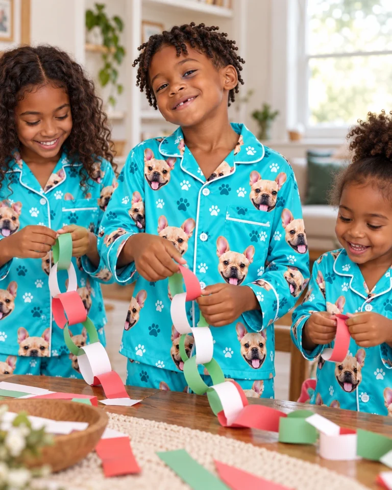 Kids in matching little boy pajamas with fawn French bulldog faces on teal paw-print satin — MyDogPics