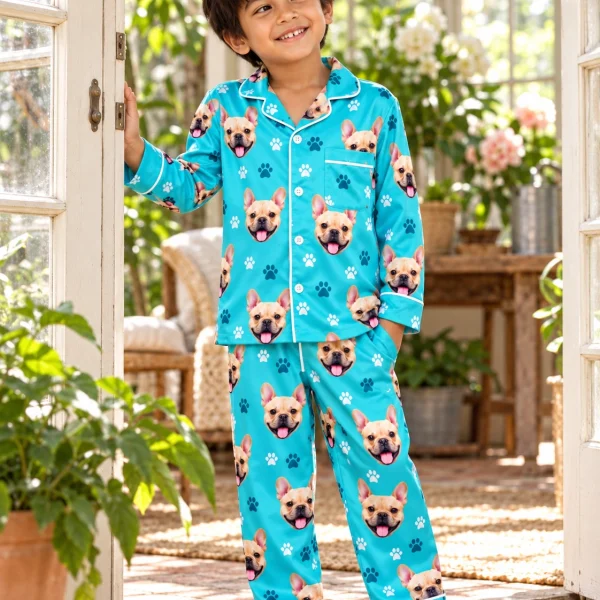 Boy posing in little boy pajamas, fawn French bulldog faces on teal paw-print satin — MyDogPics