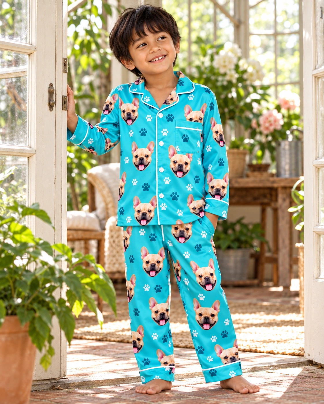 Little Boy Pajamas – Pose, Teal Paw-Print | MyDogPics Boy posing in little boy pajamas, fawn French bulldog faces on teal paw-print satin — MyDogPics