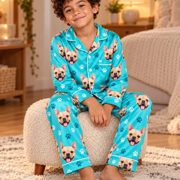 Boy sitting in little boy pajamas covered in fawn French bulldog faces — MyDogPics