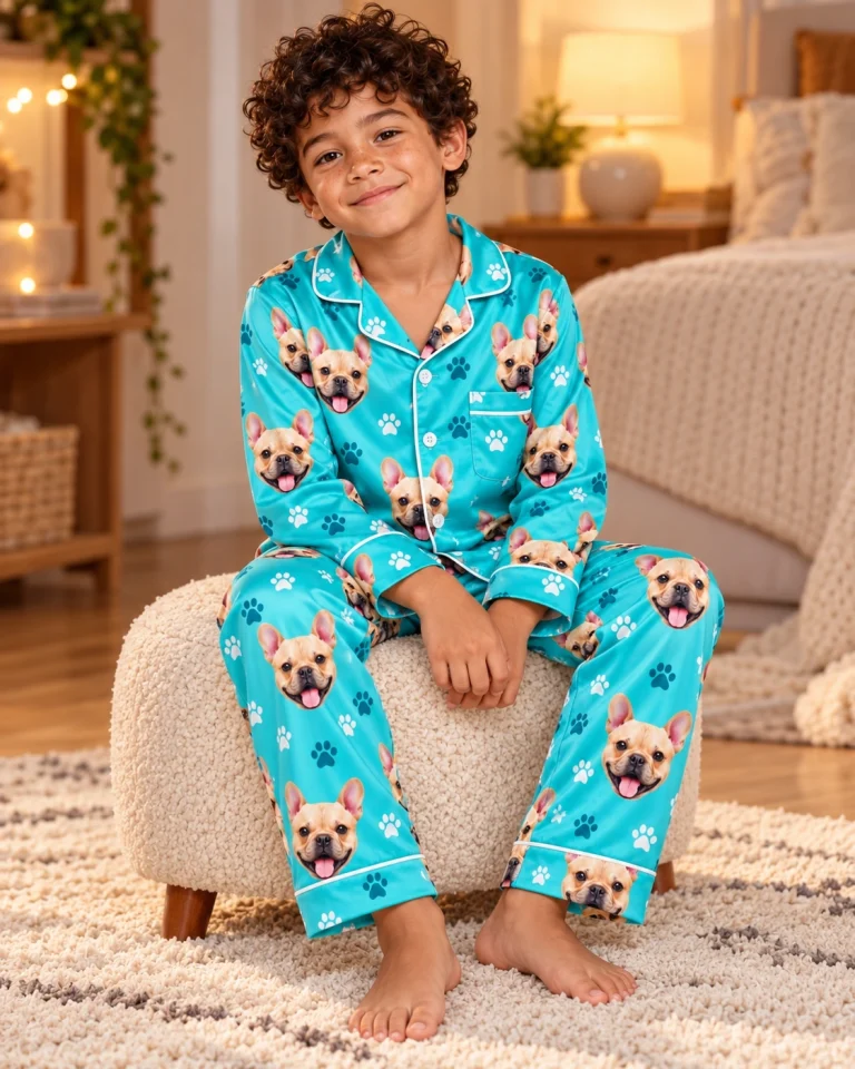 Boy sitting in little boy pajamas covered in fawn French bulldog faces — MyDogPics
