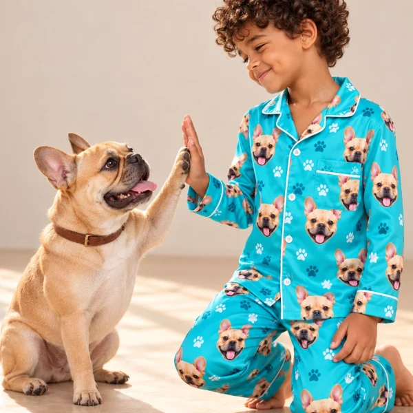 Boy in little boy pajamas with his French bulldog — MyDogPics
