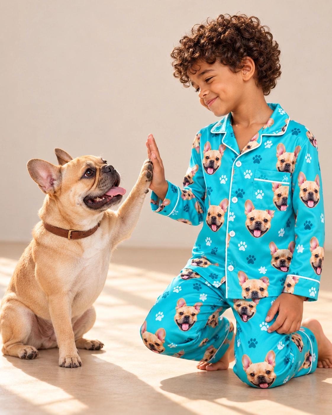 Little Boy Pajamas – With Dog, Teal Paw-Print | MyDogPics Boy in little boy pajamas with his French bulldog — MyDogPics