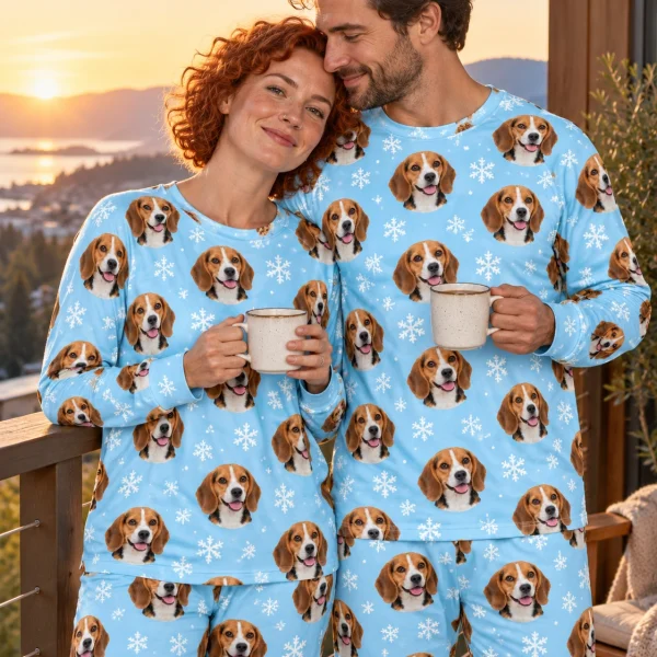 Woman and her partner in matching matching beagle pajamas with tricolor Beagle (black, tan and white) faces — MyDogPics