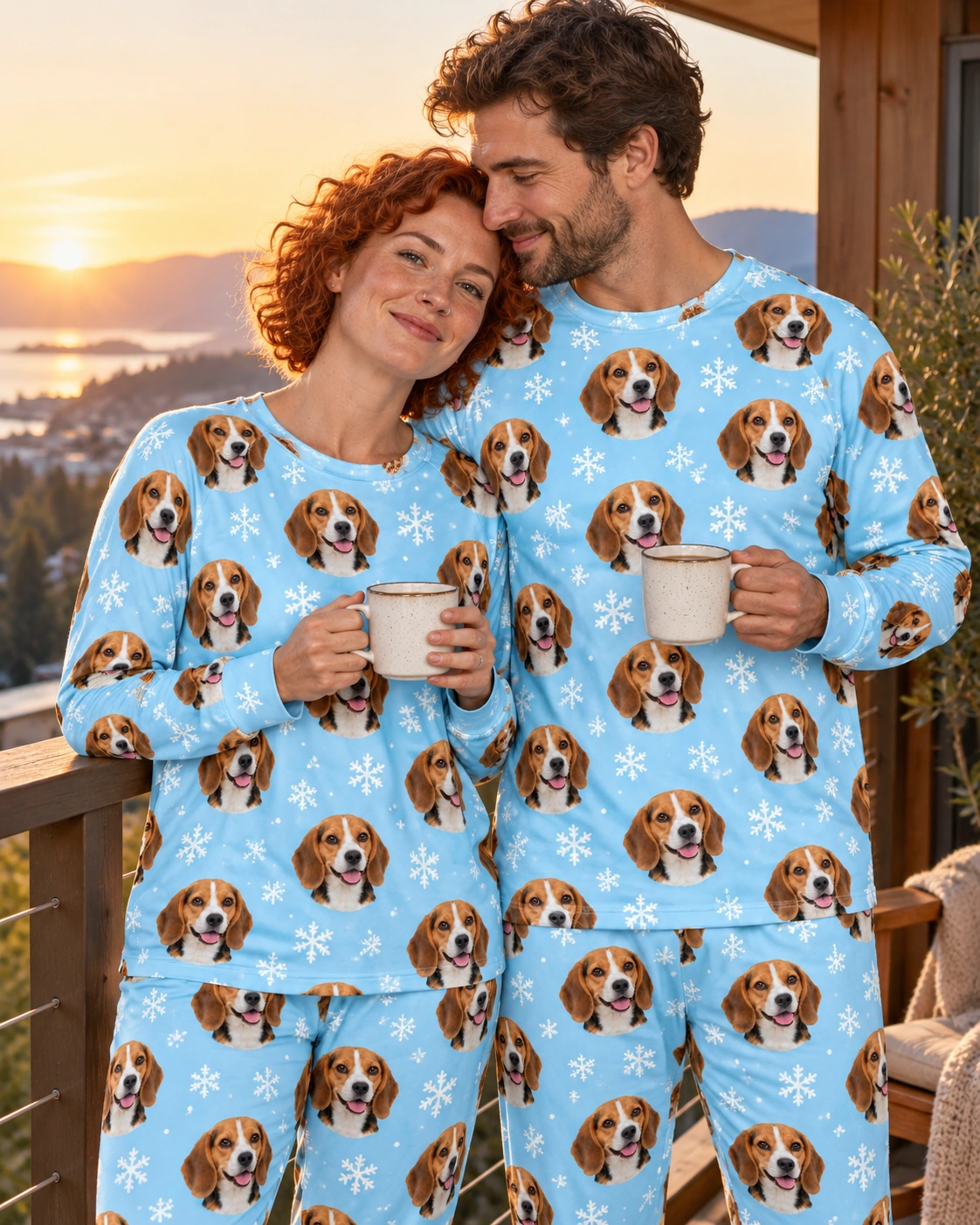 Matching Beagle Pajamas – Family, Light Blue Snowflake | MyDogPics Woman and her partner in matching matching beagle pajamas with tricolor Beagle (black, tan and white) faces — MyDogPics