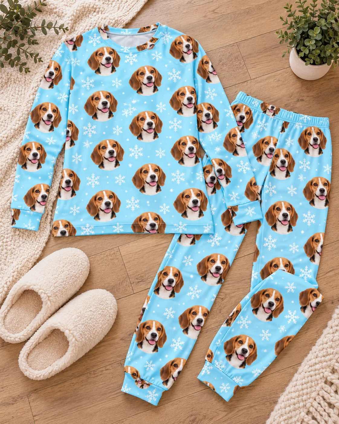 Matching Beagle Pajamas – Flat Lay, Light Blue Snowflake | MyDogPics Flat lay of matching beagle pajamas: top and pants covered in tricolor Beagle (black, tan and white) faces — MyDogPics