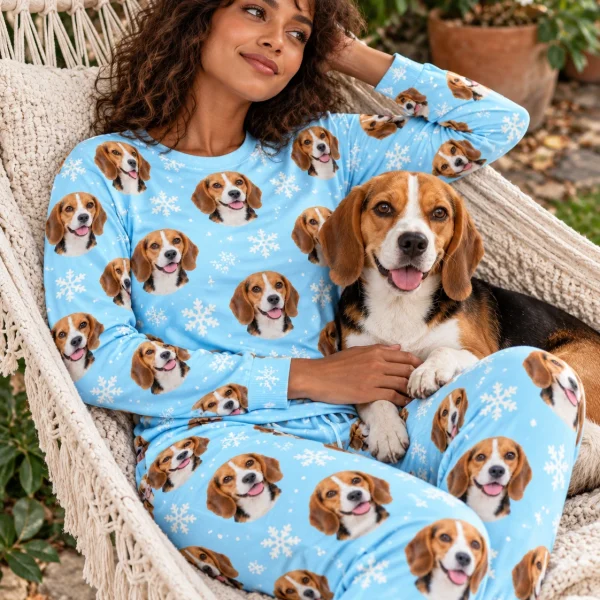 Woman in matching beagle pajamas with her Beagle — MyDogPics