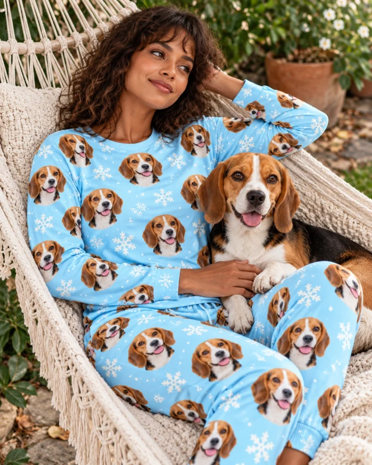 Woman in matching beagle pajamas with her Beagle — MyDogPics