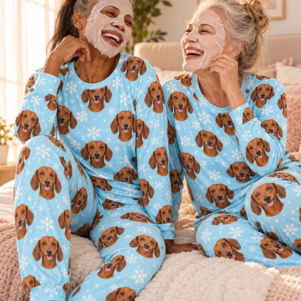 Woman and her friend in matching matching dachshund pajamas with red smooth-coated Dachshund faces — MyDogPics