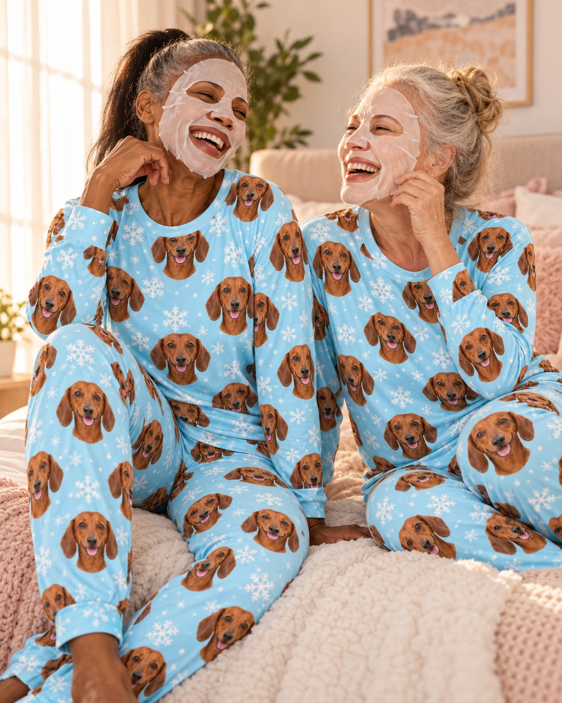 Matching Dachshund Pajamas – Family, Light Blue Snowflake | MyDogPics Woman and her friend in matching matching dachshund pajamas with red smooth-coated Dachshund faces — MyDogPics