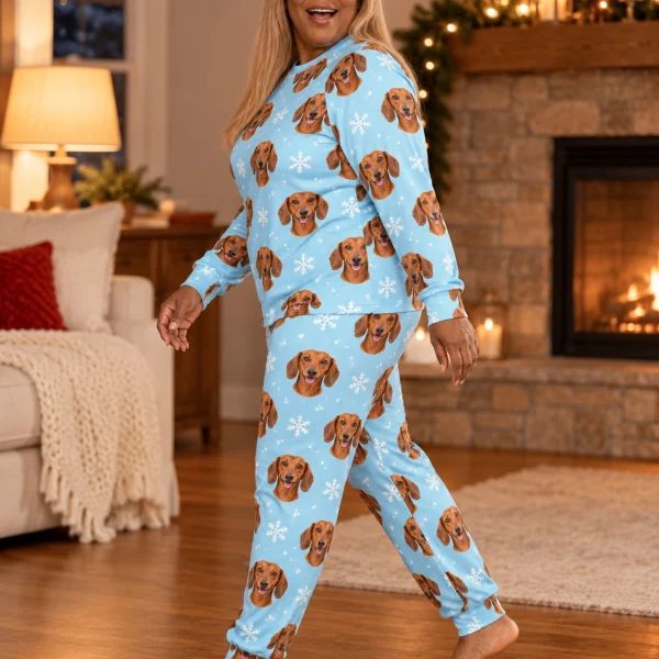 Woman posing in matching dachshund pajamas, red smooth-coated Dachshund faces on light blue snowflake fabric — MyDogPics