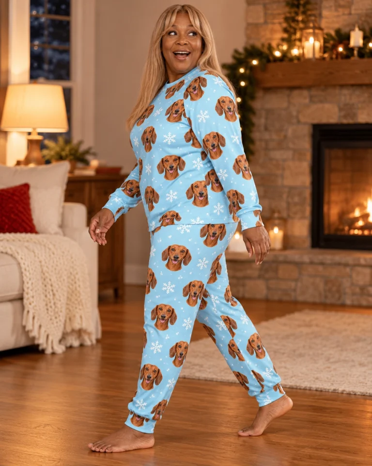 Woman posing in matching dachshund pajamas, red smooth-coated Dachshund faces on light blue snowflake fabric — MyDogPics
