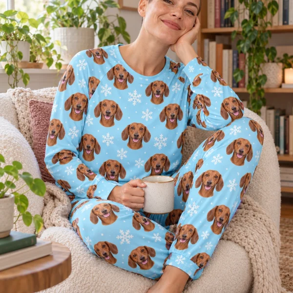 Woman sitting in matching dachshund pajamas covered in red smooth-coated Dachshund faces — MyDogPics