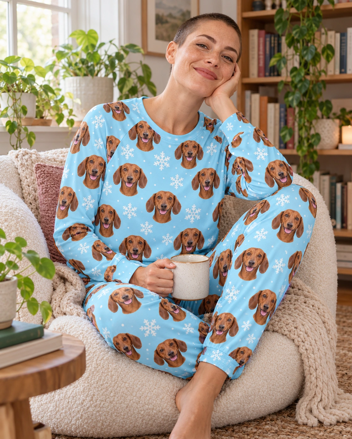 Matching Dachshund Pajamas – Sitting, Light Blue Snowflake | MyDogPics Woman sitting in matching dachshund pajamas covered in red smooth-coated Dachshund faces — MyDogPics
